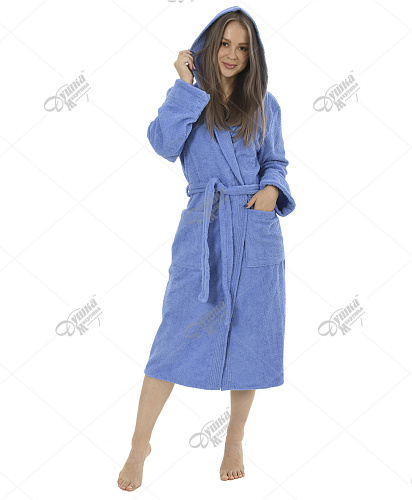 Махровый халат с капюшоном голубой удлиненный