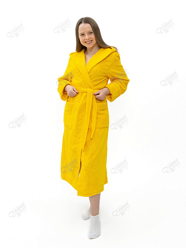 Халат махровый желтый удлиненный с капюшоном